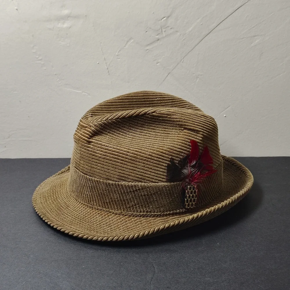 VINTAGE Fedora Hat Men 7 1/8 Gold Corduroy Paisley Lining Feather 1960s